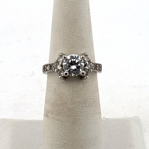 Estate Sterling Silver 925 Engagement Ring Size 5.5 Round CZ Halo Accent Band - Picture 1 of 8